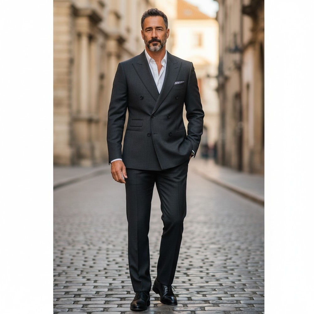 Andre Villard Paris Mens Charcoal Grey 100% Wool Double Breasted Suit Size 44L